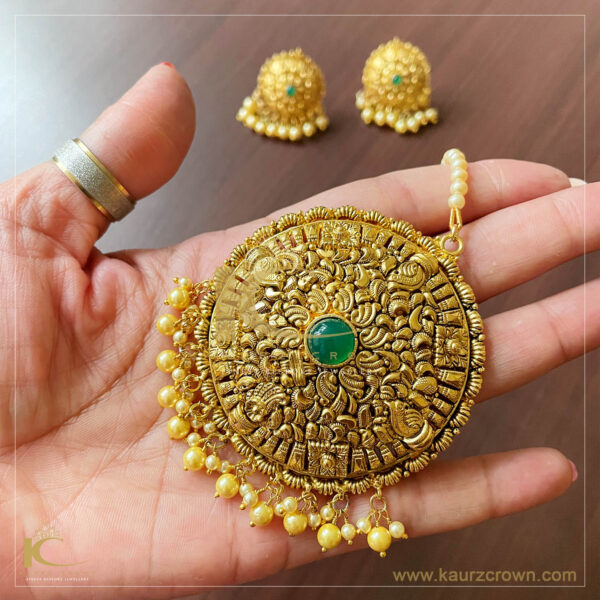 Saadgi Traditional Antique Gold Plated Earrings Tikka Set