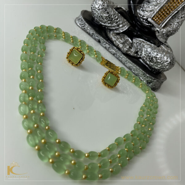 Sarah Emerald Green 3 Layered Mala with Gold Polished Stud Earrings