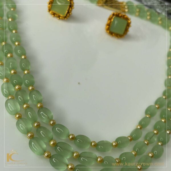 Sarah Emerald Green 3 Layered Mala with Gold Polished Stud Earrings