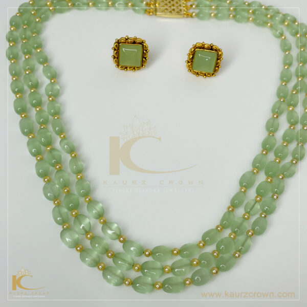 Sarah Emerald Green 3 Layered Mala with Gold Polished Stud Earrings