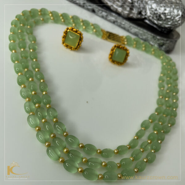 Sarah Emerald Green 3 Layered Mala with Gold Polished Stud Earrings