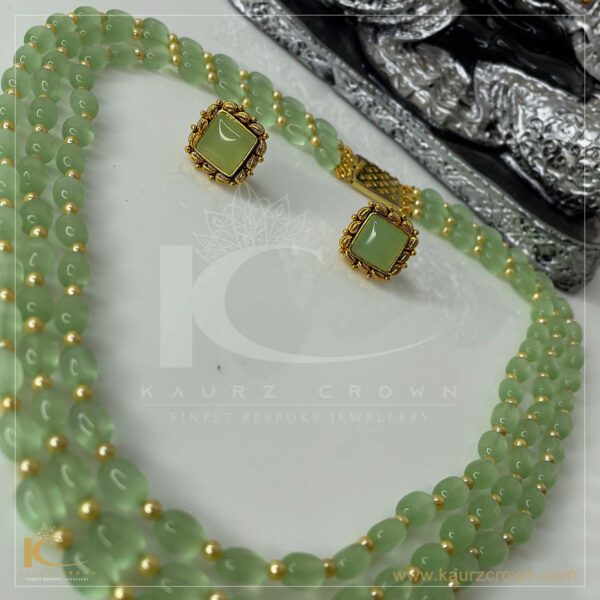 Sarah Emerald Green 3 Layered Mala with Gold Polished Stud Earrings