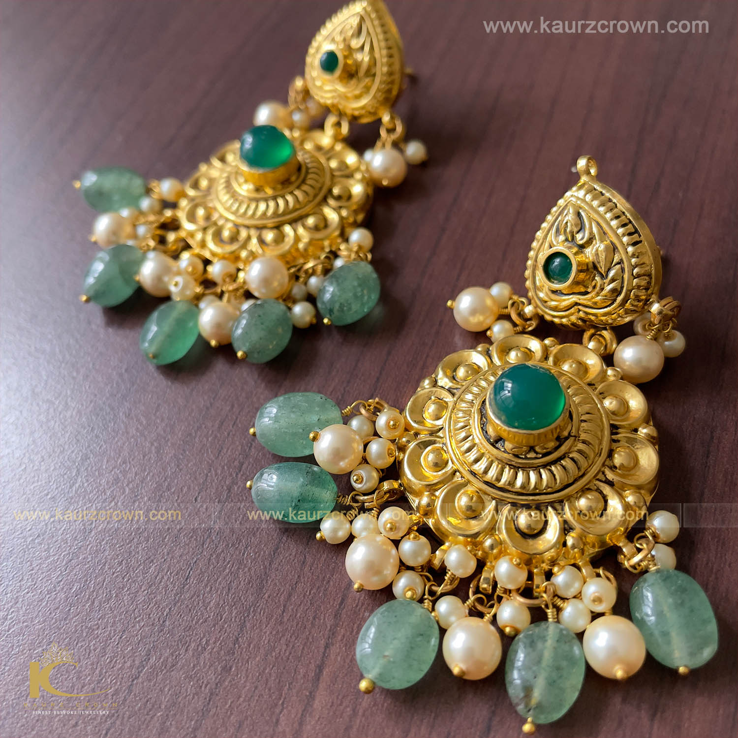 Noorjahan Traditional Antique Gold Plated Earrings (Green) , noorjahan , kaurz crown , gold plated , jewellery ,