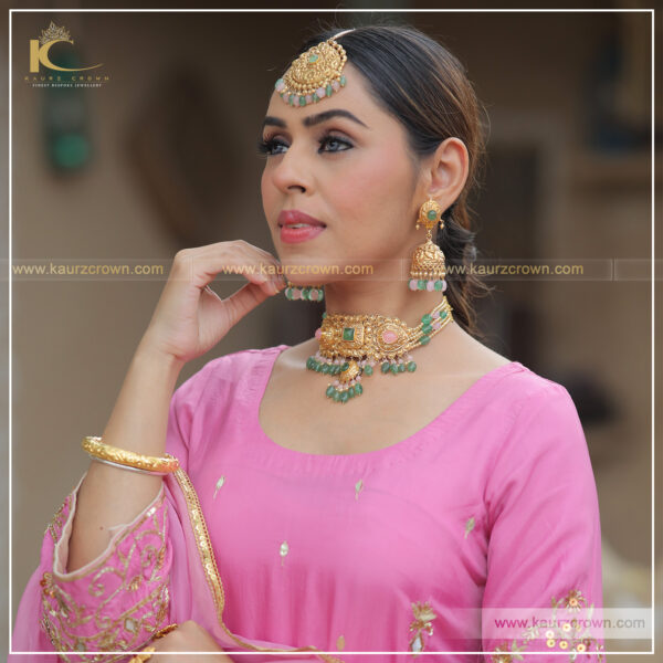 Liyakat Traditional Antique Gold Plated Choker Set , Kaurz Crown , jewllery , gold jewellery , jenny johal , gold plated , punjabi jewellery