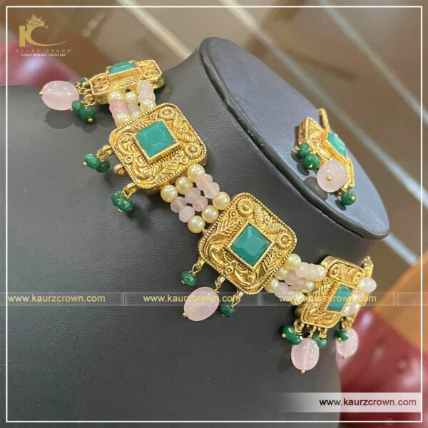 Rozmin Traditional Antique Gold Plated Choker Set (Pink) , Kaurz crown , online store , gold plated , jewellery sotre , choker set