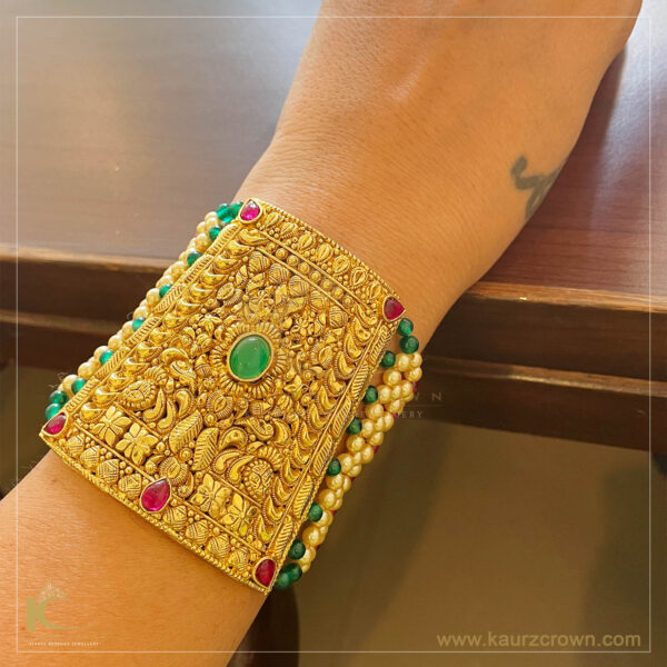 Surmai Traditional Antique Gold Plated Baahi (Bracelet) Green , Gold Plated Baahi (Bracelet) , Gold Plated , kaurz Crown , Punjabi Jewellery , Baahi