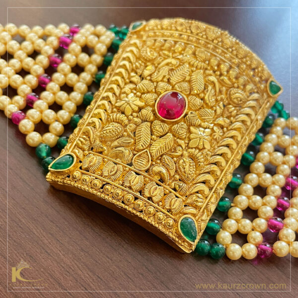 Surmai Traditional Antique Gold Plated Baahi (Bracelet) Green , Gold Plated Baahi (Bracelet) Red , Gold Plated , kaurz Crown , Punjabi Jewellery , Baahi