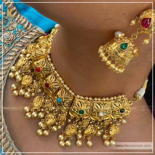 Samreet Navratan Traditional Antique Gold Plated Earrings , Gold plated , online jewellery Store , choker set , gold jewellery