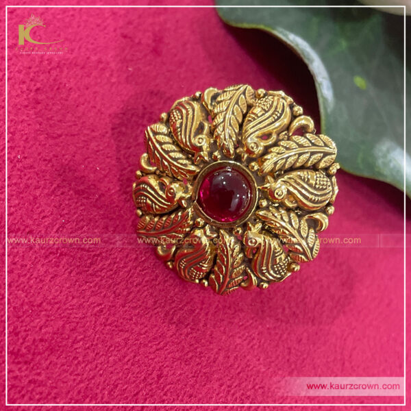 Afnan Traditional Antique Gold Plated Finger Ring , kaurz crown , punjbai jewellery , online jewellery store , jewellery shop , red stone , gold plater , finger Ring , Afnan Finger Ring