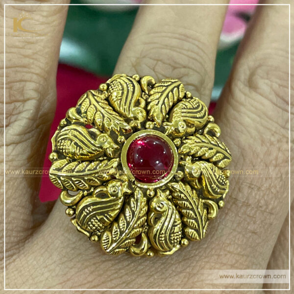 Afnan Traditional Antique Gold Plated Finger Ring , kaurz crown , punjbai jewellery , online jewellery store , jewellery shop , red stone , gold plater , finger Ring , Afnan Finger Ring