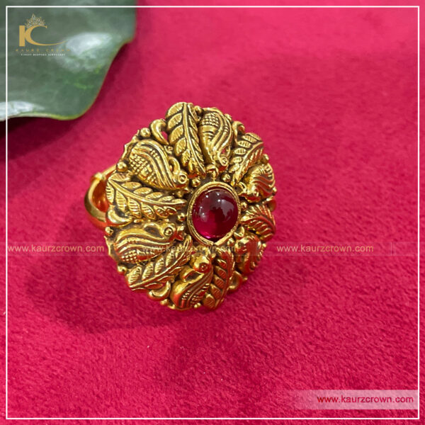 Afnan Traditional Antique Gold Plated Finger Ring , kaurz crown , punjbai jewellery , online jewellery store , jewellery shop , red stone , gold plater , finger Ring , Afnan Finger Ring