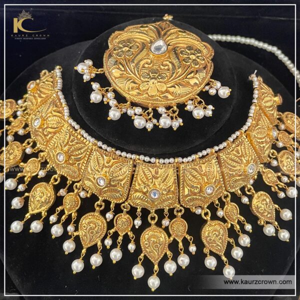 Akira Traditional Antique Gold Plated Choker Set , choker set , gold plated , akira , punjabi jewellery , necklace set , Tikka , earrings , Set , white Stone