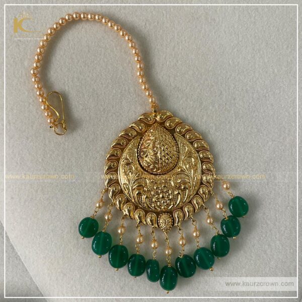 Fiza , Gold plated , necklace set , kaurz crown , punjbai jewellery store , online store , passa , tikka , earrings , green stone