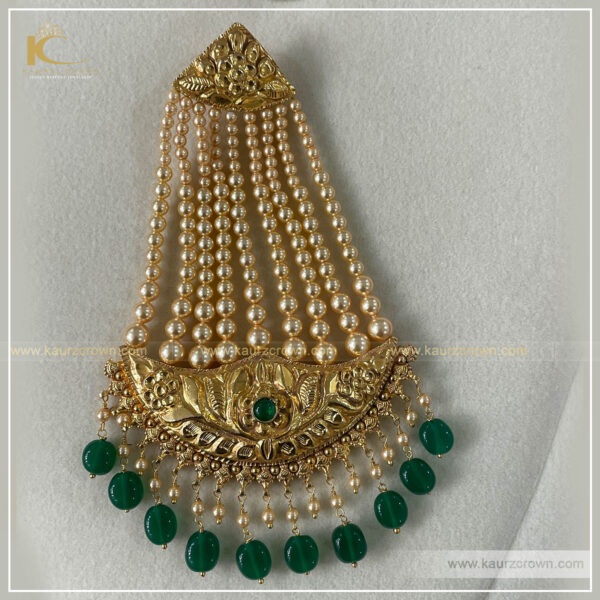 Fiza , Gold plated , necklace set , kaurz crown , punjbai jewellery store , online store , passa , tikka , earrings , green stone