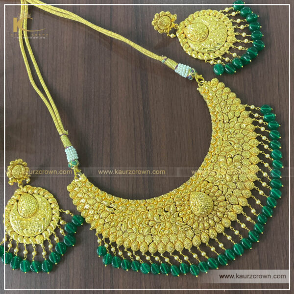 Fiza , Gold plated , necklace set , kaurz crown , punjbai jewellery store , online store , passa , tikka , earrings , green stone