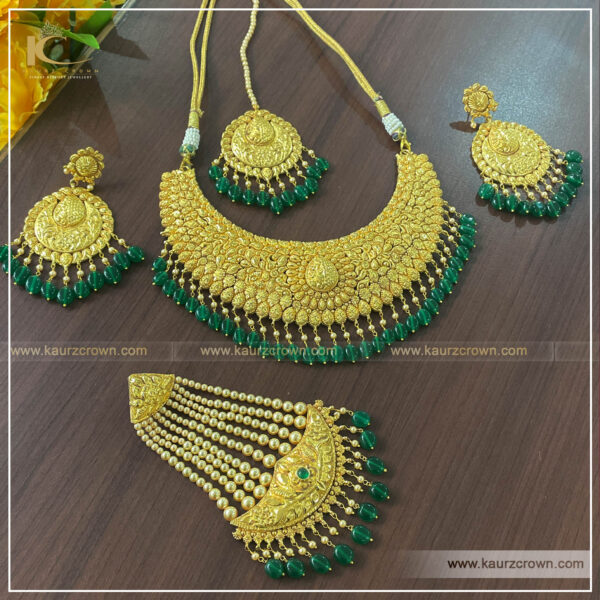 Fiza , Gold plated , necklace set , kaurz crown , punjbai jewellery store , online store , passa , tikka , earrings , green stone