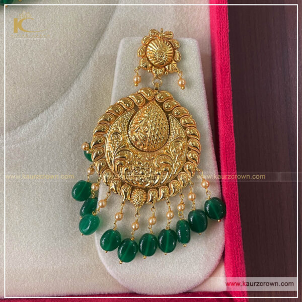 Fiza , Gold plated , necklace set , kaurz crown , punjbai jewellery store , online store , passa , tikka , earrings , green stone , gold plated Earrings