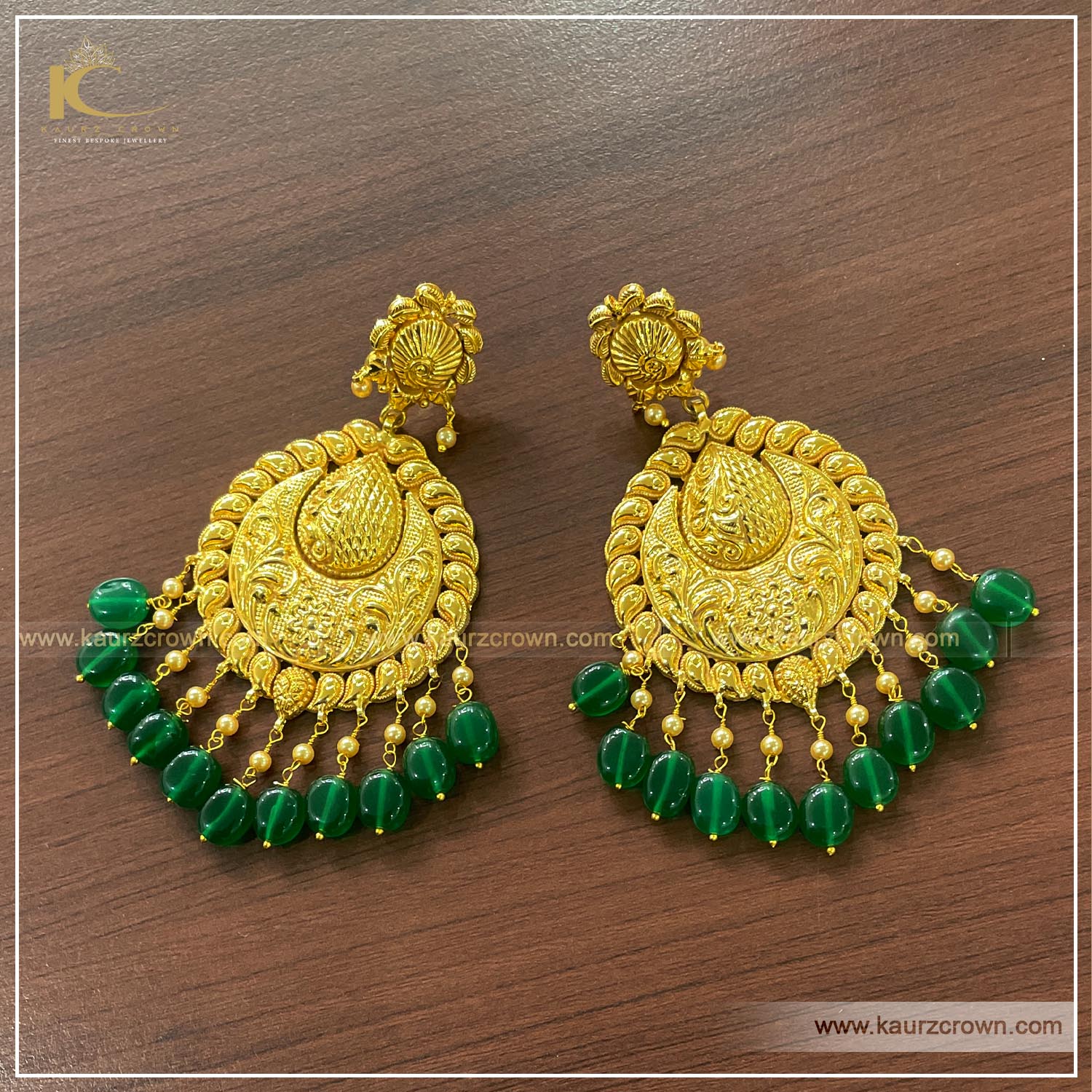 Fiza , Gold plated , necklace set , kaurz crown , punjbai jewellery store , online store , passa , tikka , earrings , green stone , gold plated Earrings