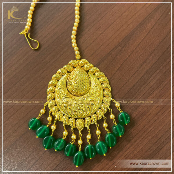 Fiza , Gold plated , necklace set , kaurz crown , punjbai jewellery store , online store , passa , tikka , earrings , green stone