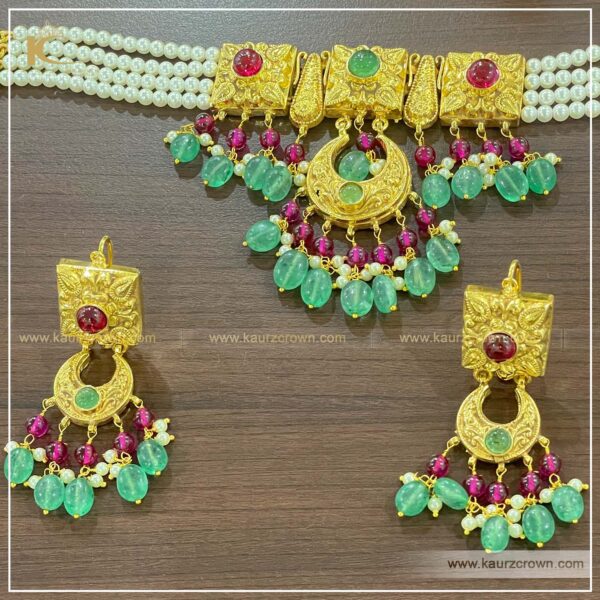 Najreen Traditional Antique Gold Plated Choker Set , kaurz crown , punjabi jewellery , gold plated , tikka , earrings , choker set , najreen choker set