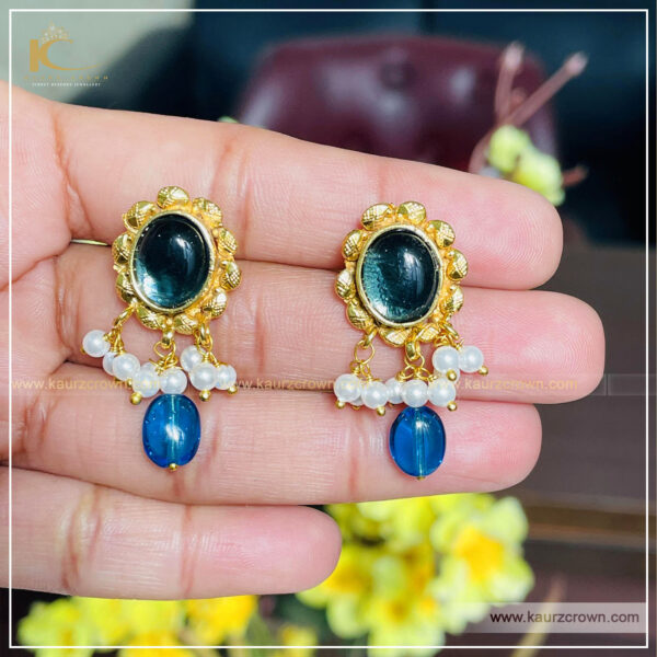 Rababi Blue Drak 3 Layered Mala with Gold Polished Stud Earrings , kaurz crown , punjabi jewellery , Rababi mala , gold plated earrings , earrings , online jewellery store , jewellery store