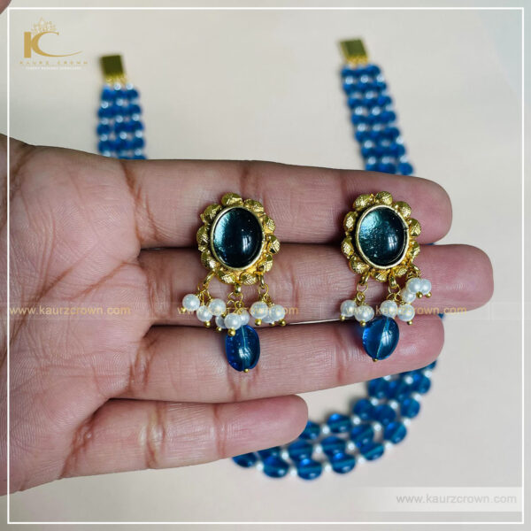 Rababi Blue Drak 3 Layered Mala with Gold Polished Stud Earrings , kaurz crown , punjabi jewellery , Rababi mala , gold plated earrings , earrings , online jewellery store , jewellery store