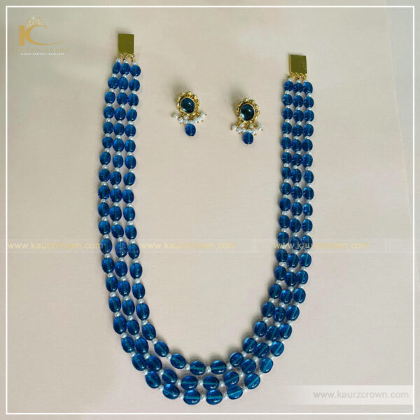 Rababi Blue Drak 3 Layered Mala with Gold Polished Stud Earrings , kaurz crown , punjabi jewellery , Rababi mala , gold plated earrings , earrings , online jewellery store , jewellery store