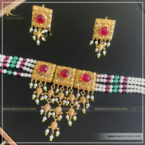 Samaira Traditional Antique Gold Plated Choker Set ( Red ) , kaurz crown , punjabi jewellery , online jewellery store , saraira , gold plated , choker set