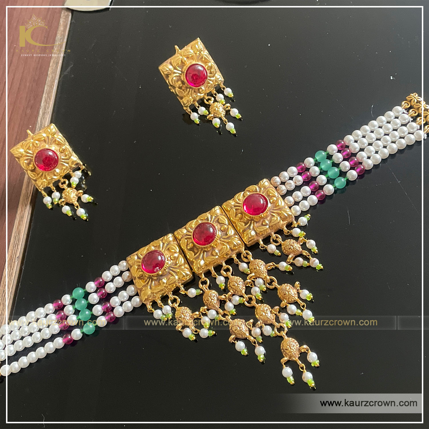 Samaira Traditional Antique Gold Plated Choker Set ( Red ) , kaurz crown , punjabi jewellery , online jewellery store , saraira , gold plated , choker set