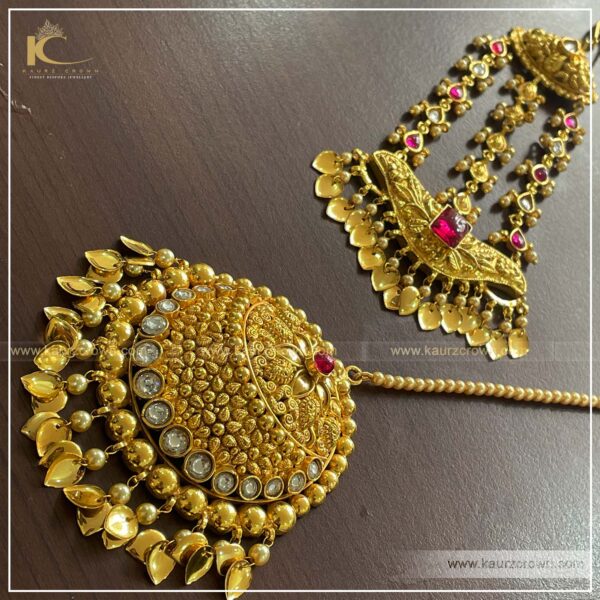 Pure Silver with 18 carat Antique Gold Polishing, Pink and Mint Green Stones with Real Swarovski and Pipal Patti , kaurz crown jewellery store , online jewellery store , traditional choker set , kaashni choker set