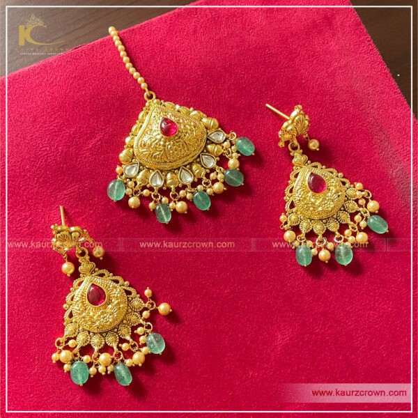 Mehkasha Traditional Antique Polished Earrings Tikka Set , kaurz crown , online jewellery store , punjabi jewellery , traditional jewellery , gold plated tikka , kaurz crown jewellery