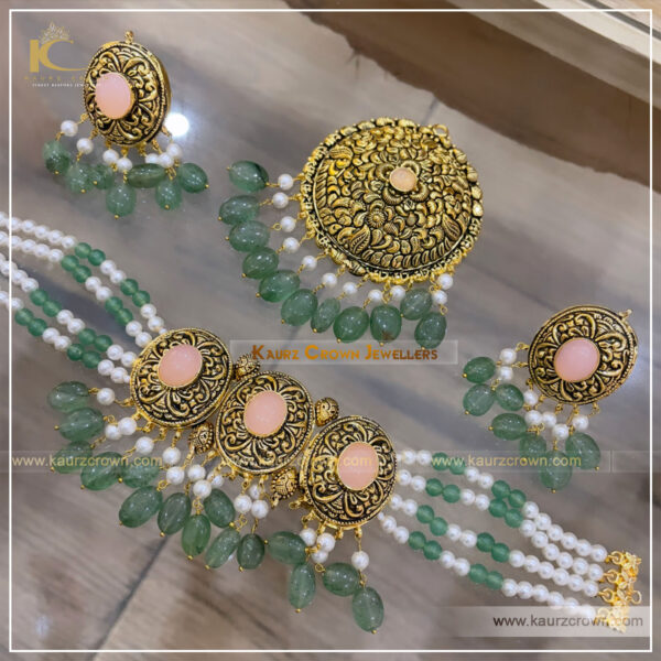 Eman Traditional Antique Gold Plated Choker Set (Mint Green) –