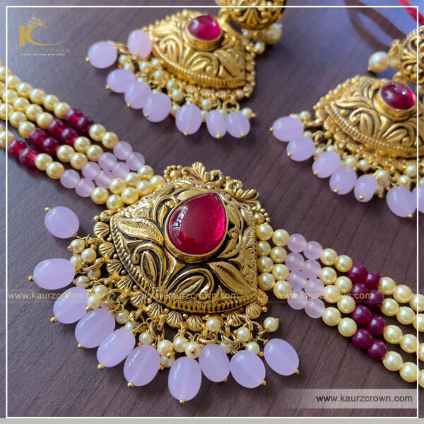 Jagiro Traditional Antique Gold Plated Choker Set (Pink) , kaurz crown jewellery , online jewellery store ,punjabi jewellery , online shop , choker set