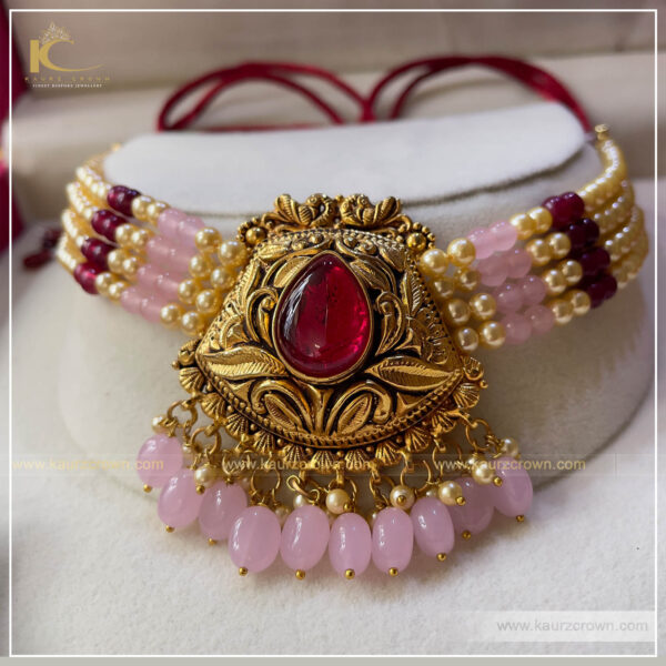 Jagiro Traditional Antique Gold Plated Choker Set (Pink) , kaurz crown jewellery , online jewellery store ,punjabi jewellery , online shop , choker set