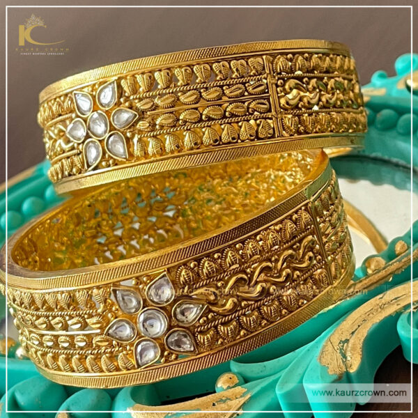 Ruhma Traditional Antique Gold Plated Bangles , kaurz crown jewellery , gold plated bangles , ruhma bangles , white kundan