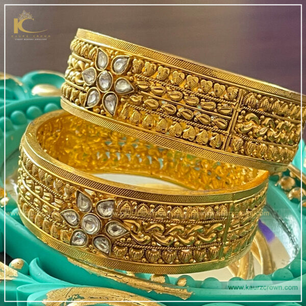 Ruhma Traditional Antique Gold Plated Bangles , kaurz crown jewellery , gold plated bangles , ruhma bangles , white kundan