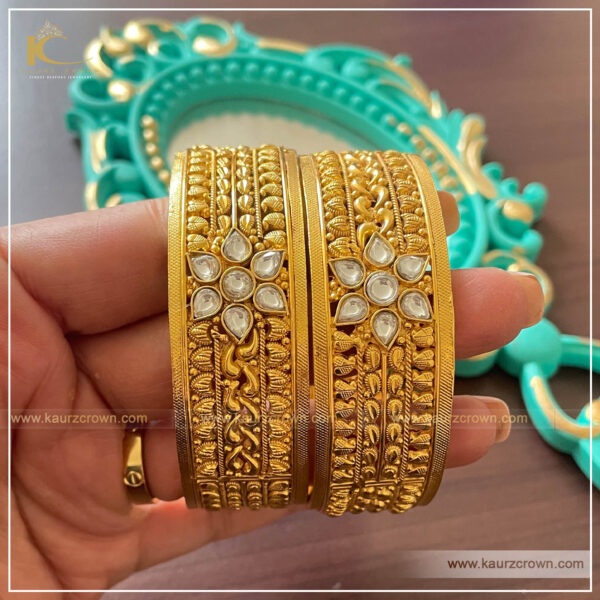 Ruhma Traditional Antique Gold Plated Bangles , kaurz crown jewellery , gold plated bangles , ruhma bangles , white kundan