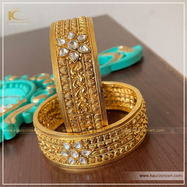 Ruhma Traditional Antique Gold Plated Bangles , kaurz crown jewellery , gold plated bangles , ruhma bangles , white kundan